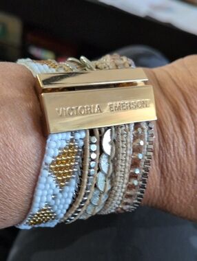 Victoria Emerson White and Gold With Gold Thread  Boho on Multi-Row Cuff